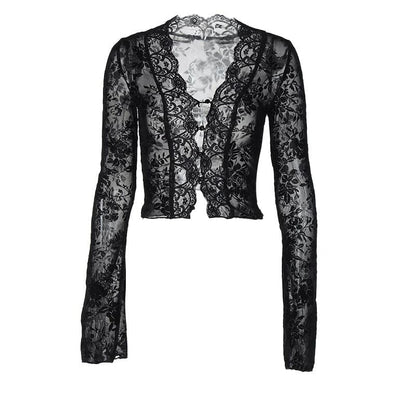 Long flared sleeve print lace hem button see through top