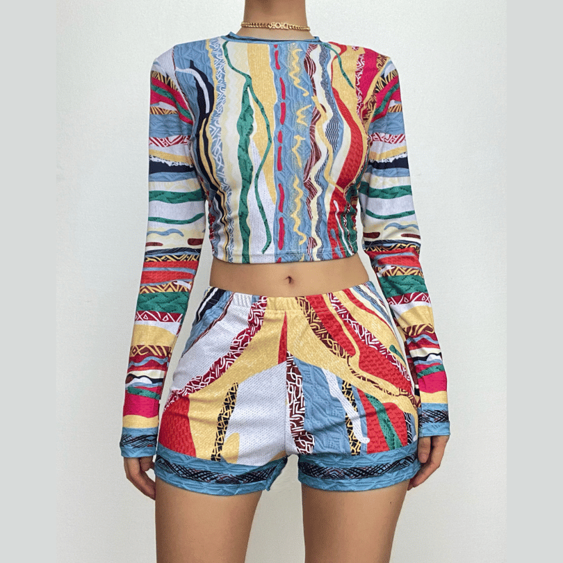 Contrast print crewneck long sleeve pant set