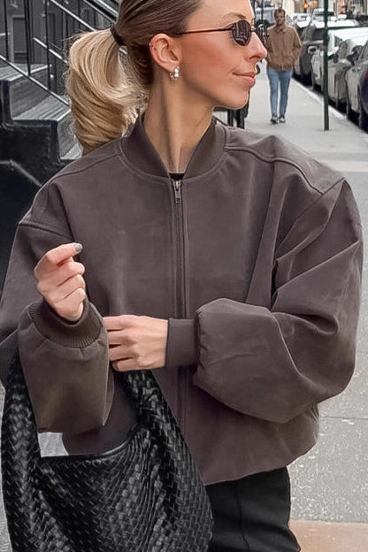 Suede Stand Collar Bomber Jacket