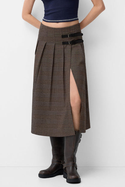 Box Pleat Midi Skirt with A Belt Detail