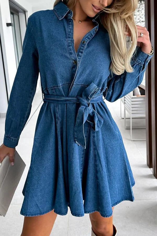 Stylish Long Sleeve Pocket Waist Belted Denim Mini Dress