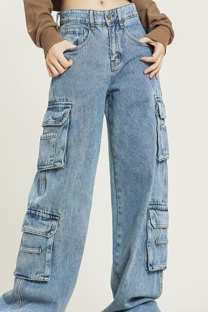 Vintage Washed Wide Leg Cargo Jeans