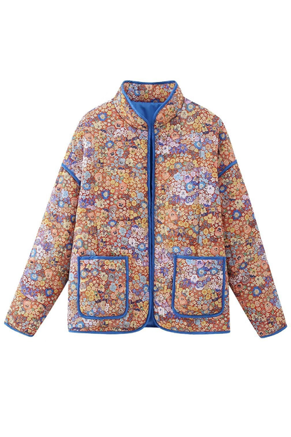 Printed Colorblock Large Pocket Stand Collar Quilted Cotton Jacket