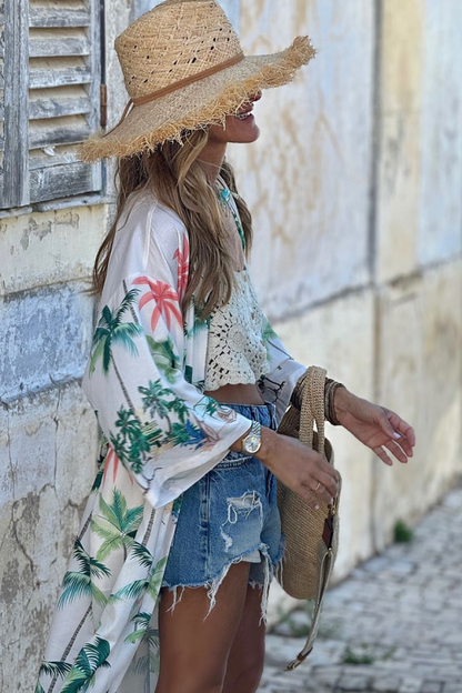 Holiday Leisure Coconut Tree Print Lace-up Loose Long Skirt