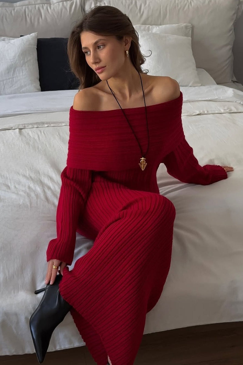 Solid Elegant Minimalist Off Shoulder Bodycon Knit Maxi Dress