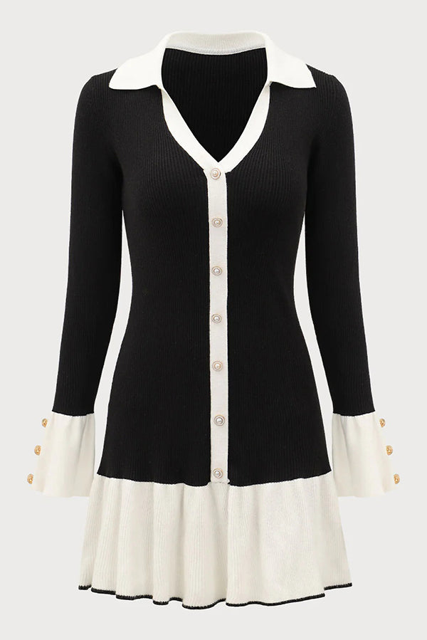 Stylish Color-blocked Long-sleeved Button-decorated Knitted Mini Dress