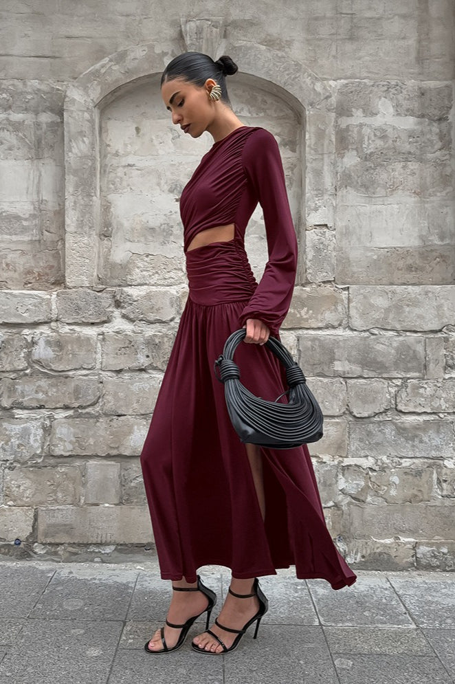 Vintage Round Neck Long Sleeve Cutout Maxi Dress