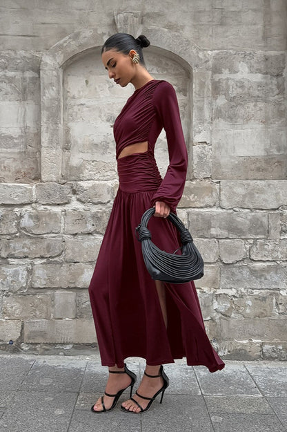 Vintage Round Neck Long Sleeve Cutout Maxi Dress