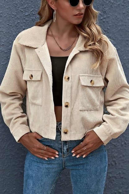 Flap Pockets Turn Down Collar Corduroy Shacket