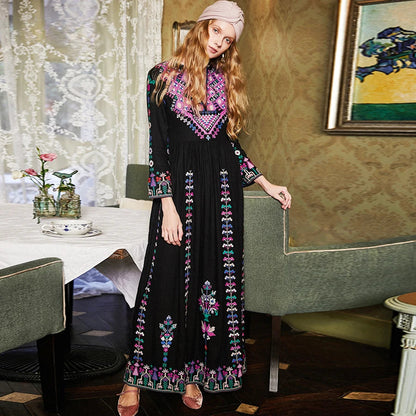 Boho Long Dress Ethnic Floral Embroidery Rayon V-neck Chic Dress