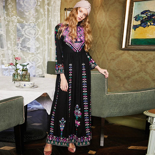 Boho Long Dress Ethnic Floral Embroidery Rayon V-neck Chic Dress