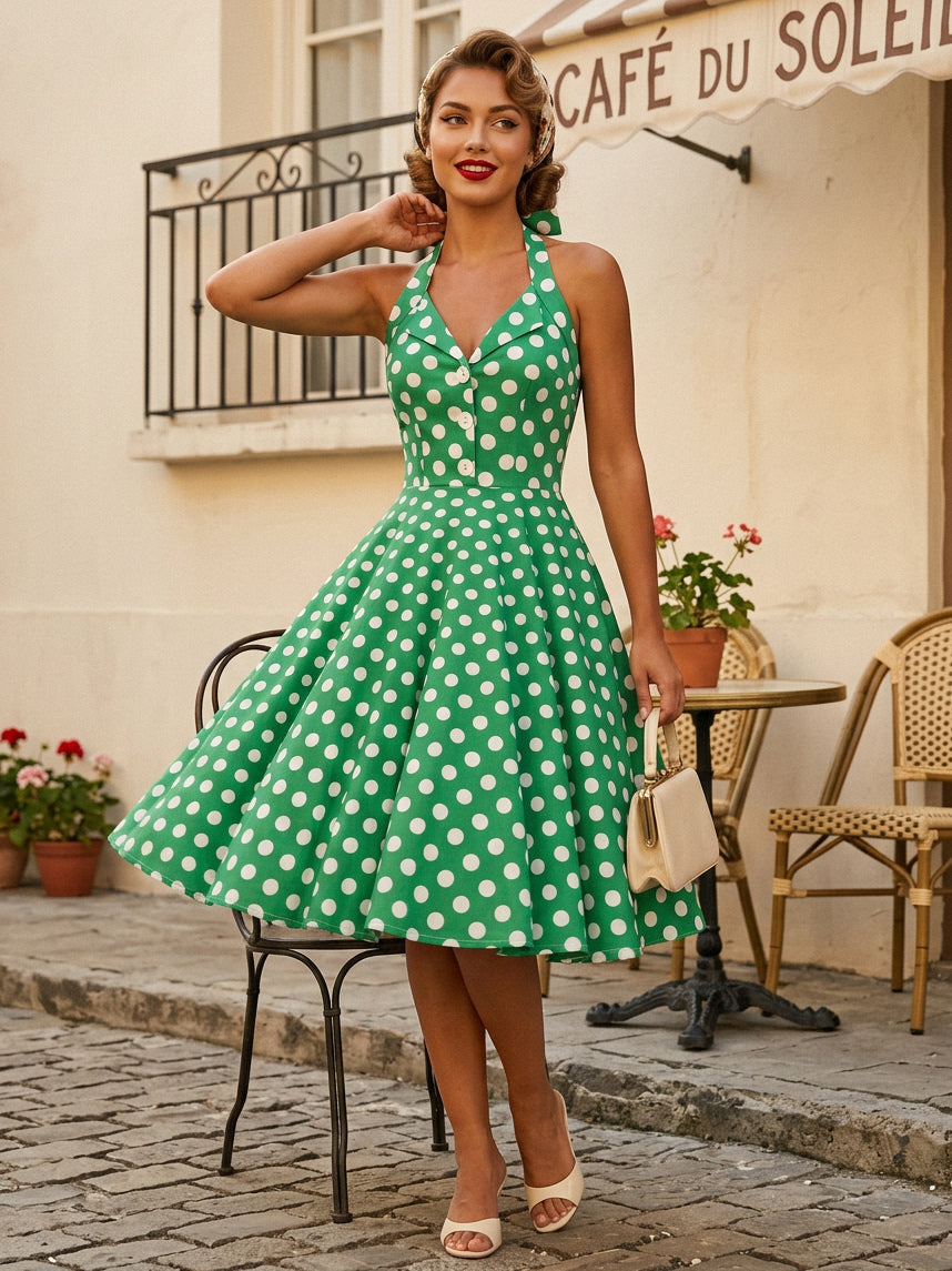 Vintage 1950s Polka Dot Midi Swing Dress for Women - Halter Neck A-Line Rockabilly Pinup Sun Dress - Holiday Picnic 2026