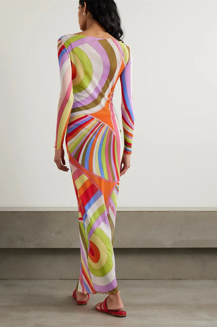 Swirl Print Mesh Long Sleeve Crew Neck Bodycon Maxi Dress
