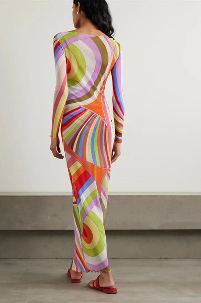 Swirl Print Mesh Long Sleeve Crew Neck Bodycon Maxi Dress