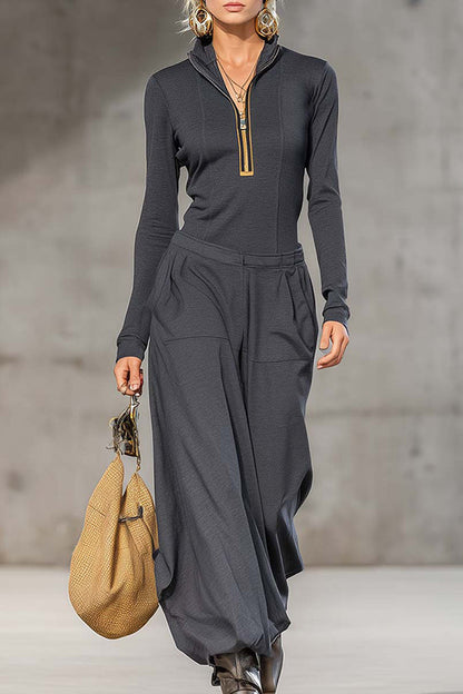 Solid Color Zip-up Long-sleeved Top and Casual Pocket Wide-leg Pants Set