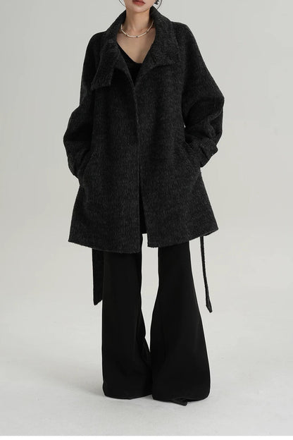 Chic Solid Wool Warm Loose Mock-neck Coat