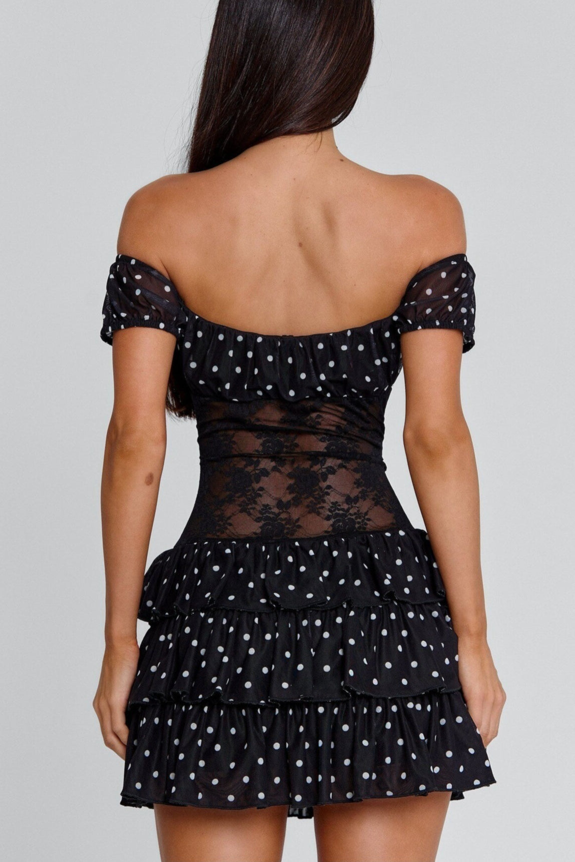 Polka Dot Off-Shoulder Lace Panel Tie-Front Tiered Ruffle Mini Dress