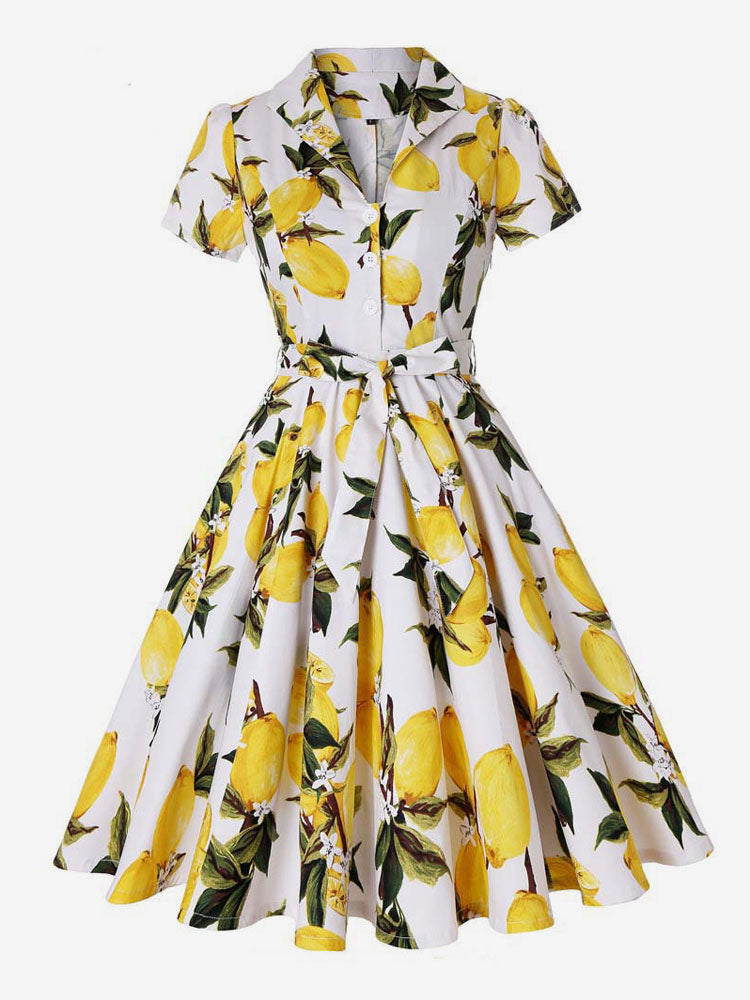 Vintage Printed Tea Dress for Women - 1950s A-Line Belted Short Sleeve Rockabilly Swing Midi Dress - Holiday Picnic 2026