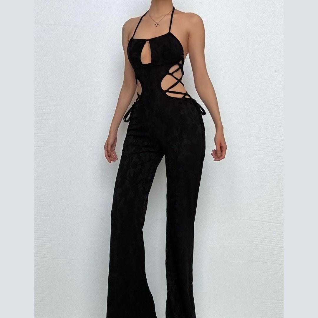 Halter hollow out self tie jumpsuit