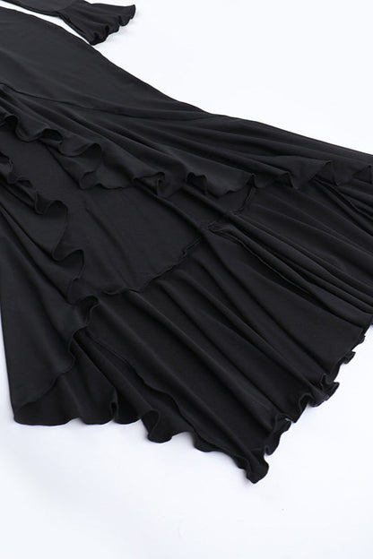 Diamond Collar Contrast Trim Ruffle Sleeve Midi Party Dress