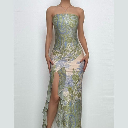 Flower print slit irregular contrast backless maxi dress