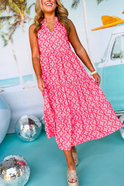 Sky Blue 60s Flower Split Neck Sleeveless Tiered Maxi Dress