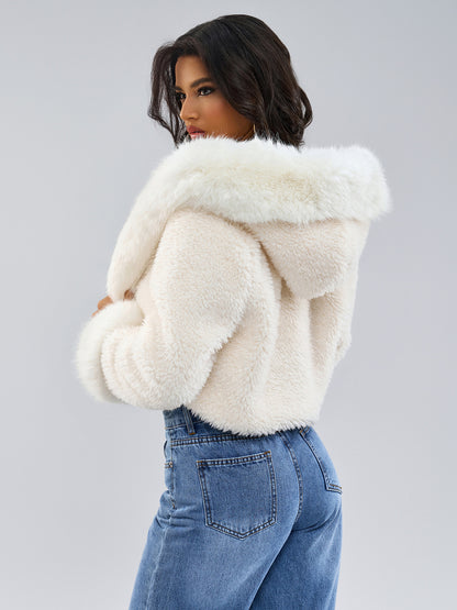 Hooded Faux Fur Coat In White Eco-friendly Winter Cropped Jacket For Women 2026
