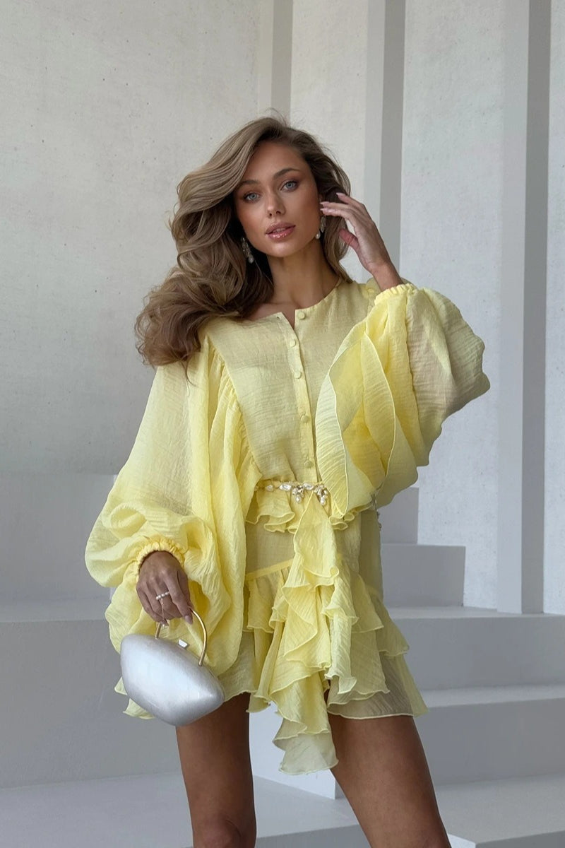Pearl-Belt Round Neck Button Front Balloon Sleeve Tiered Crinkle Mini Dress