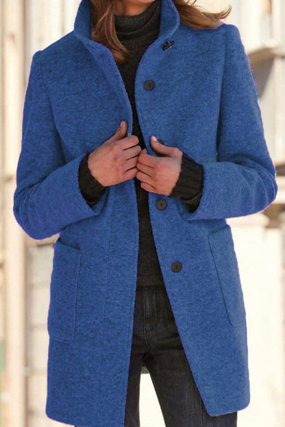 Retro Solid Color Button Stand Collar Wool Jacket