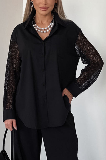 Fashionable Openwork Lace Patchwork Long-sleeved Loose Shirt