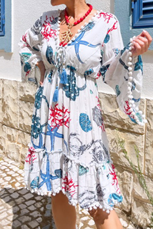 Bell Sleeve V Neck Coral Starfish Short Dress