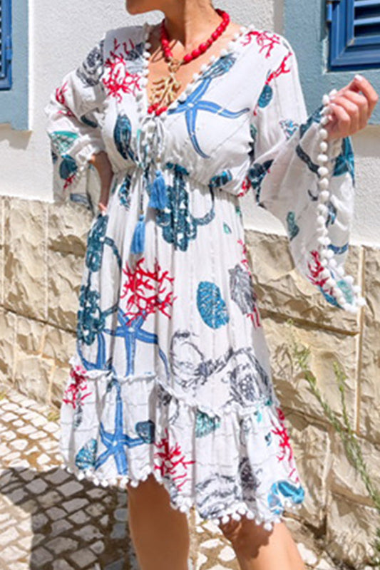 Bell Sleeve V Neck Coral Starfish Short Dress