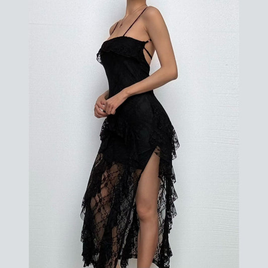 Square neck ruffle slit cami maxi dress