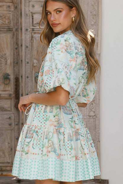 Tropical Print Button-Down Puff Sleeve Tie Waist Ruffle Mini Shirt Dress