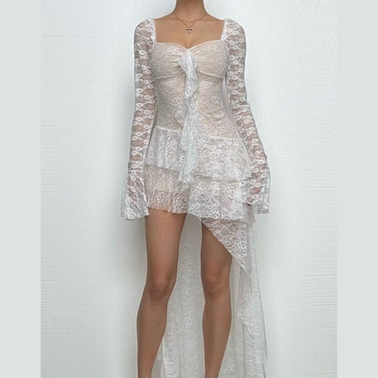 Long flared sleeve lace ruffle mini dress