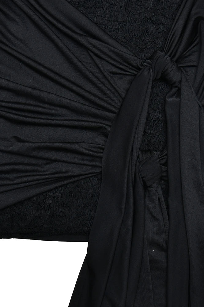 Floral Lace Long Sleeve Knotted Waist Draped Sash Bandeau Mini Dress
