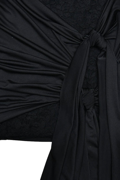 Floral Lace Long Sleeve Knotted Waist Draped Sash Bandeau Mini Dress