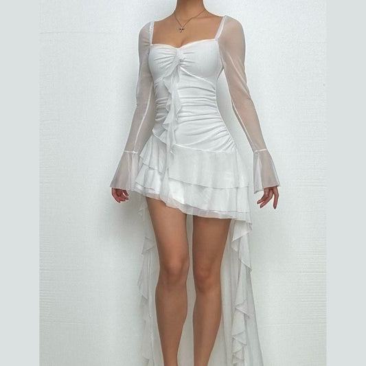 Long flared sleeve irregular mesh ruched mini dress