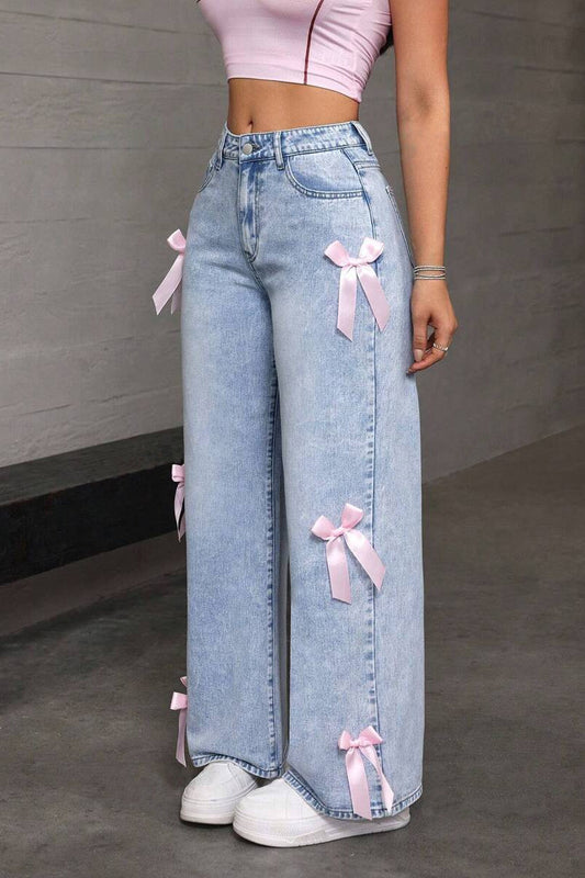Y2K Bow Applique Washed Relaxed Jeans