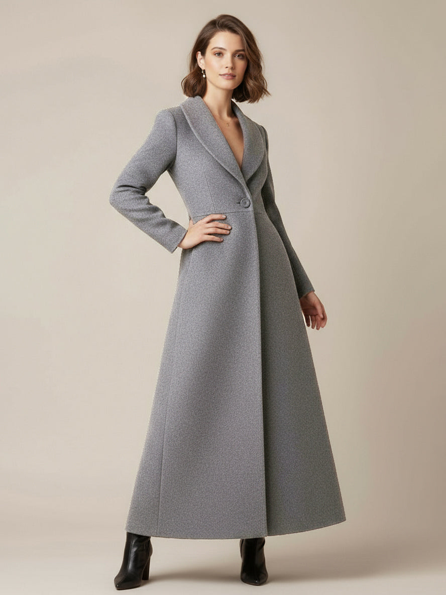 Shawl Collar Full-Length Woolen Coat With A-Line And V-Neck For Women 2026