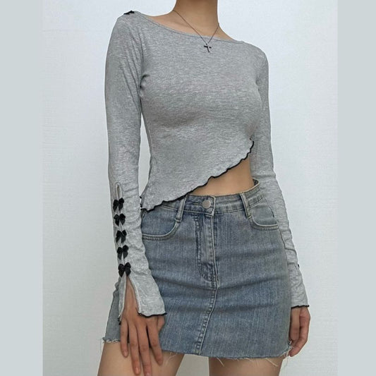 Long sleeve bowknot ruffle crop top