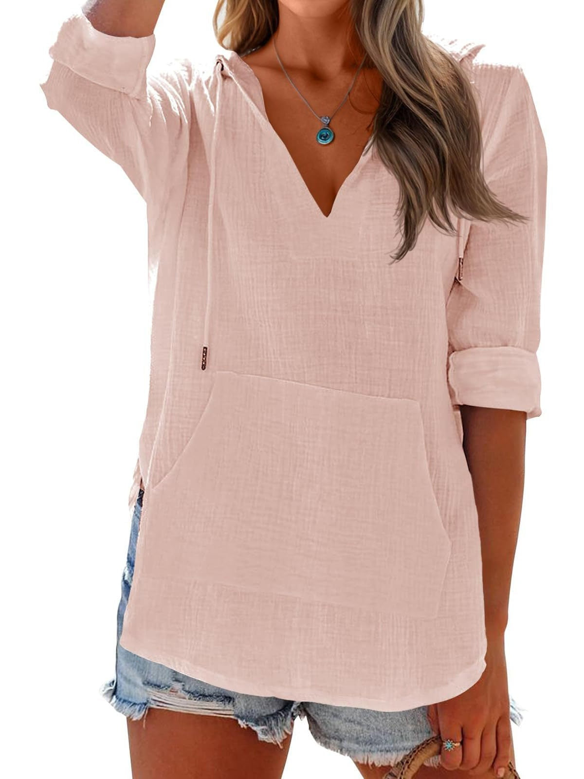 Long-sleeved V-neck Pocket Hoodie