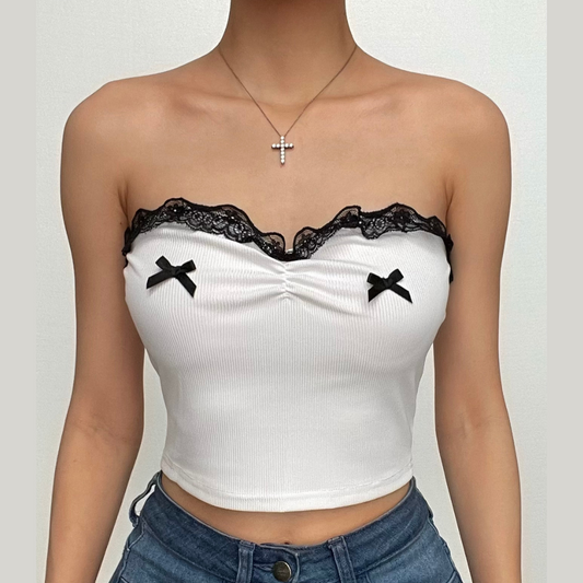 Lace hem ruched bowknot ribbed contrast backless tube top