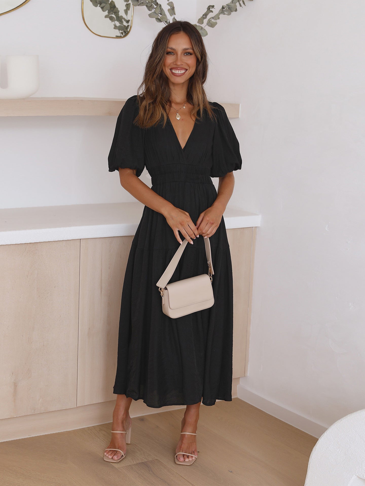 Deep V-Neck Puff Sleeve Smocked Waist Tiered Maxi Dress