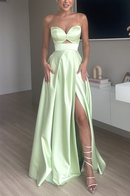 Strapless Cut Out Back Lace-up Slit Maxi Party Dress