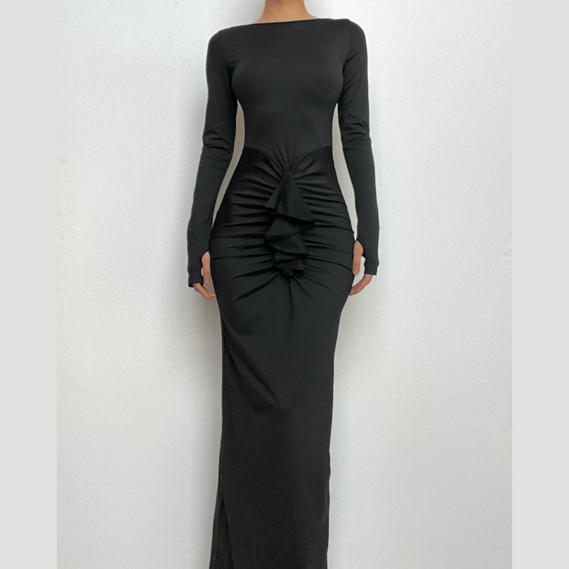 Ruched long sleeve solid gloves round neck maxi dress-final-sale