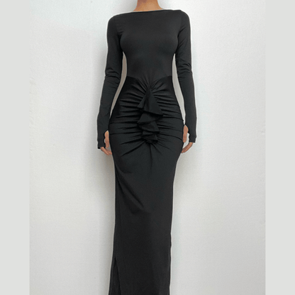 Ruched long sleeve solid gloves round neck maxi dress-final-sale