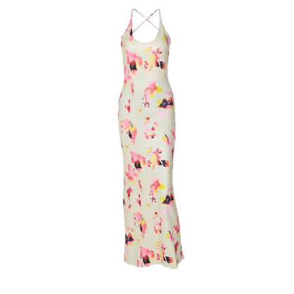Flower print u neck cross back backless cami midi dress
