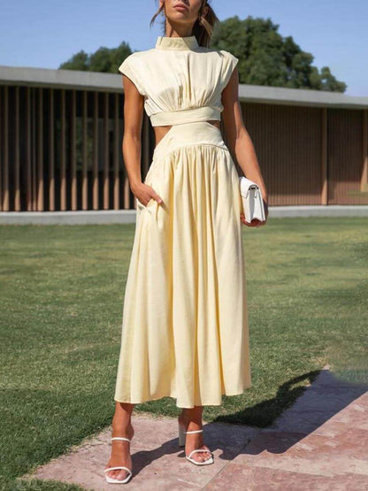 Mock Neck Sleeveless Waist Cutout Pocketed A-Line Midi Dress