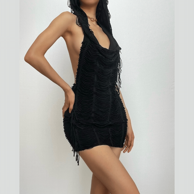 Layered Fringe Strip Cut Out Deep V Neck Sleeveless Backless Mini Dress